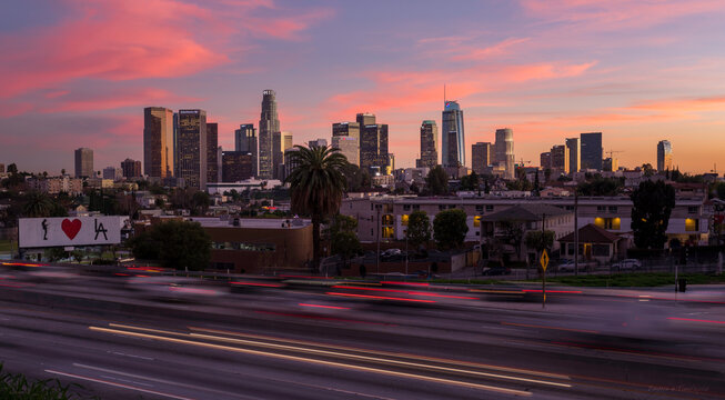 Downtown Los Angeles and 101 Freeway at Sunset