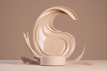illustration for 3d beige display with liquid round foundation splash swirl on studio background nude makeup cream fluid flow podium showcase for beauty product cosmetics promotion minimal abstract 