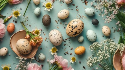 Fototapeta na wymiar Top View of Colorful Easter Composition Featuring Spring Flowers, Quail Eggs, and Candy on Pastel Background - Perfect for Springtime Celebrations, Generative AI
