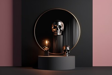 illustration for 3d podium display on black and pink background halloween skull candle with glowing flame gold pedestal showcase with gold and shadow circle product promotion frame abstract