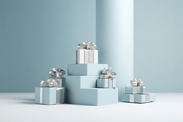 illustration for 3d christmas background with gift boxes with silver ribbon white present with podium display for branding and product presentation minimal pastel blue pedestal showcase abstract