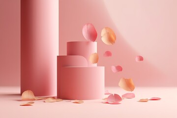 illustration for 3d pastel pink pedestal podium set gradient display on natural beige background with petals falling levitating showcase scene for beauty product cosmetic presentation abstract