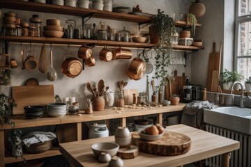 Obraz na płótnie Canvas Boho kitchen design. Wooden shelves, dishes, cutlery, decorations. Warm boho decor. Generative AI