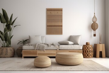 Mockup of a minimalist living room interior wall including a Moroccan pouf, a bamboo console, and a blank, warm white background. Generative AI