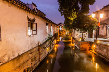 Evening view of a canal in Luzhi water town, Jiangsu province, China