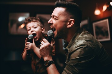Father and son singing in karaoke at home. Generative AI - obrazy, fototapety, plakaty