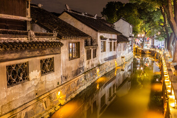 Fototapeta na wymiar Evening view of a canal in Luzhi water town, Jiangsu province, China