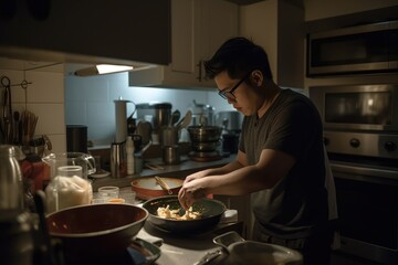 Fototapeta na wymiar Young Asian man preparing dinner at home alone. Generative AI