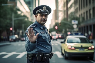 Policeman standing in the middle of the street controlling transit of vehicles. Generative AI