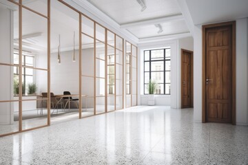 Interior design for an empty room in a business setting. The room is open and has terrazzo tiles on the floor, white walls, and a wooden door. Generative AI - obrazy, fototapety, plakaty