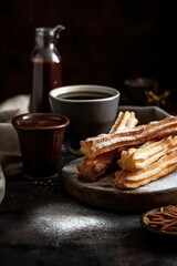 Delicious churros served with hot chocolate. gourmet food photography. Generative AI Vertical shot