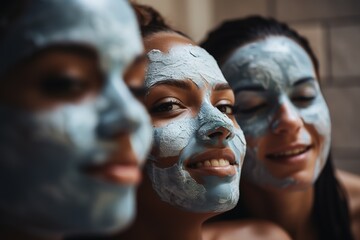 Female friends enjoying relaxing time with facial masks in spa day. Generative AI