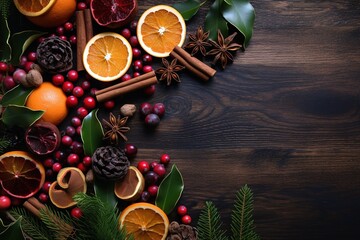 Christmas background decorated with fruits, cinnamon rolls and pine cones over dark wooden background with copy space. Generative AI