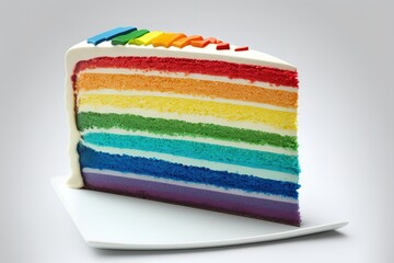 Rainbow cake slice over white background. Generative AI