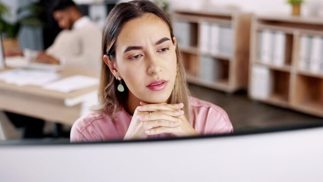 Confused, office and business woman on computer working on online project, research and typing email. Corporate, thinking and female worker reading screen with doubt, uncertain and problem solving
