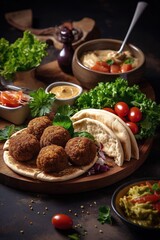 High angle view of falafels served with pita bread, parsley and sauces. Generative AI Vertical shot