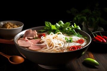 Vietnamese Pho dish. Close up shot over dark background. Gourmet food photography. Generative AI