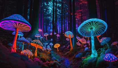 Electric Forest with Neon Mushrooms, Vibrant generative ai illustration