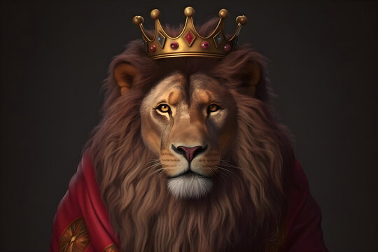 Portrait of realistic lion with king crown with gold, cinematic art.