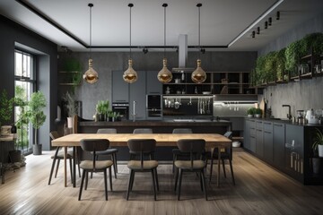 Fototapeta na wymiar Interior of a gray kitchen with dark gray worktops, wood flooring, big windows, and a gray table and chairs. a lateral view a mockup. Generative AI