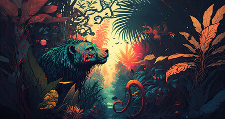 Psychedelic jungle trippy bear spirtual generative ai pyschedlic illustration - obrazy, fototapety, plakaty