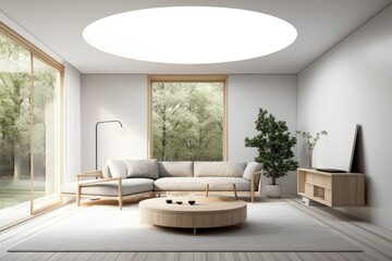 Living room with modern minimalist style, ceiling, and natural light. Interior scene and mockup. Generative AI