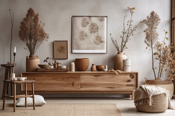 Wabi sabi living room with wooden console, paper flowers in vase, nuts, and copy space. Minimalism. Generative AI