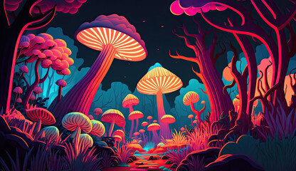 A psychedelic jungle with neon colors and mushrooms generative ai illustration