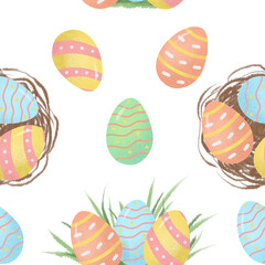 Seamless pattern with Easter egg. Easter. Eggs in the nest. Color illustration. The print is used for Wallpaper design, fabric, textile, packaging.