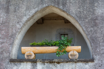 Outdoor planter box in the beautiful medieval town of Gruyeres in the Fribourg canton in Switzerland