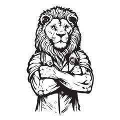 Mascot of cool angry lion king wearing formal suit. black white line art vector illustration