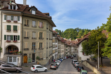 Apartment and office buildings on Nydeggstalden st in Bern, Switzerland