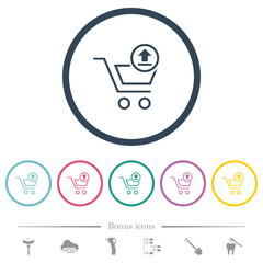 Cart upload outline flat color icons in round outlines