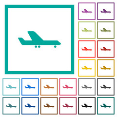 Airplane side view flat color icons with quadrant frames