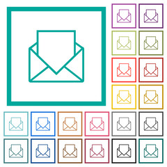 Open mail with blank letter outline flat color icons with quadrant frames