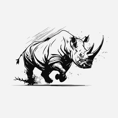 Mascot of running angry rhino. black white line art vector illustration