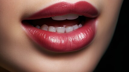 Perfekte natürliche Lippen-Make-up: Nahaufnahme Makrofoto mit wunderschönem Frauenmund. Füllige, volle Lippen. Detailaufnahme des Gesichts. Perfekte reine Haut, Schöne zarte Lippen