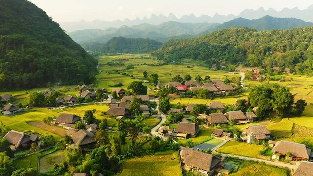 Aerial view of Ha Giang Village among the mountains, Vietnam.