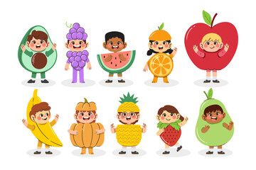 Set of happy kids fruit character vector collection. Illustration of character poses using the fruit costume.