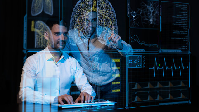 Two Caucasian bearded men are discussing stock charts on a virtual screen. HUD menu.