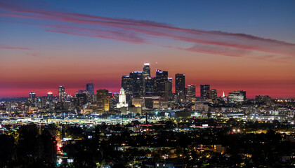 Fototapeta na wymiar Downtown Los Angeles City skyline at Sunset Blue Hour with Beautiful Red Clouds