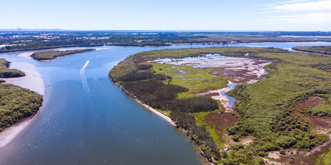 Beautiful famous Tinchi Tamba Wetlands, Bald Hills seeing from above, spectacular wide river. Drone shot, Brisbane, Queensland, Australia. 