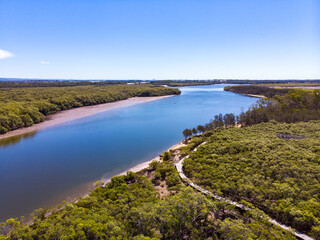 Beautiful famous Tinchi Tamba Wetlands, Bald Hills seeing from above, spectacular wide river. Drone shot, Brisbane, Queensland, Australia. 