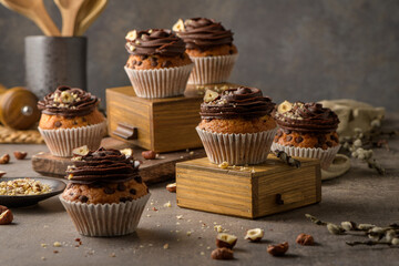 Chocolate chip muffins decorated with chocolate ganache