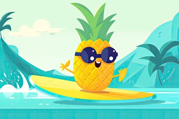 happy pineapple catching a wave on a surfboard in the sea. Generative AI