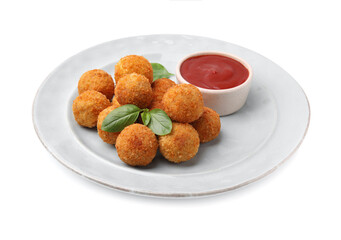Plate with delicious fried tofu balls and basil on white background