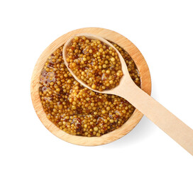 Bowl and spoon with whole grain mustard on white background, top view