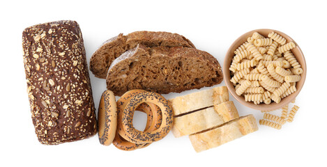 Different gluten free products on white background, top view