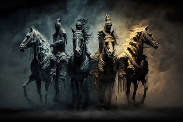 Four Horsemen of the Apocalypse in a Dark and Apocalyptic Scene Generative AI - obrazy, fototapety, plakaty