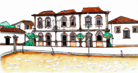 View of the houses in the city of Tiradentes in colorful and white colors in painting format - Minas Gerais  with Generative AI  technology.